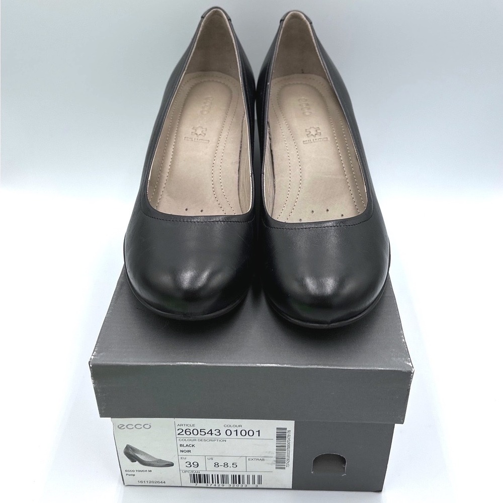 ECCO Touch 50 Black Leather Pumps Round Toe Block Heels Shoes Size 39 8-8.5 - Picture 2 of 9